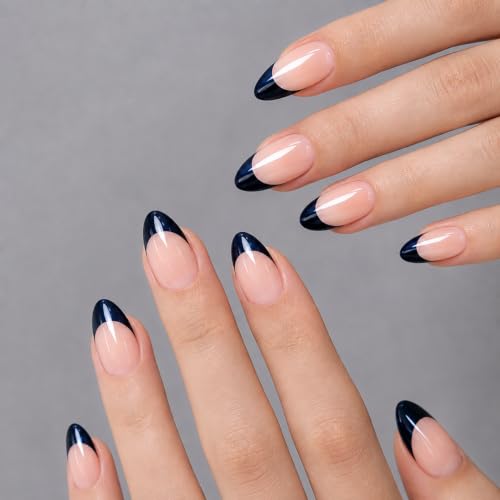 BMKPMTR Short Almond Press On Nails Navy Chrome French Tip Set - Nude Pink & Navy Variation, 30 pcs