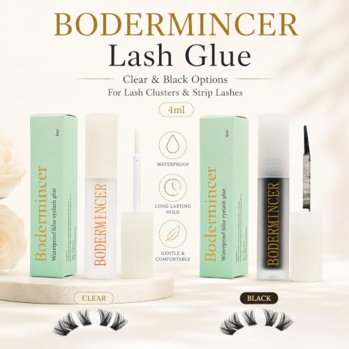 BODERMINCER Waterproof Black Lash Glue - Strong Hold for Cluster & Strip Lashes 4ml, Lash Clusters Glue