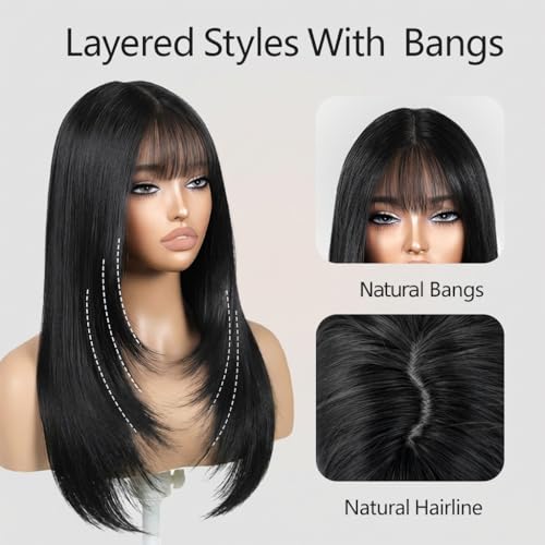 ZRLK 20-Inch Black Layered Straight Wig with Bangs - Beginner Friendly