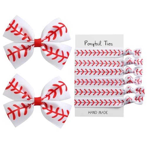 JiaDuo White-Red 2PC Baseball Hair Bow Clip & 6PC Elastic Hair Ties Girls Cheer Accessories