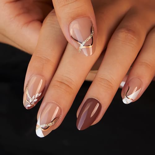 Curvlife Line & Leaf Design Medium Press On Nails Kit - Reusable False Almond Tips with Gold Accents, Glue & Tools Included