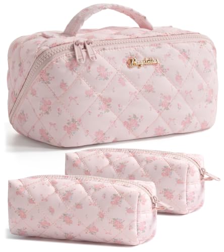 Pink Rose Medium Travel Makeup Bag - Large Capacity Puffy Cosmetic Organizer for Women