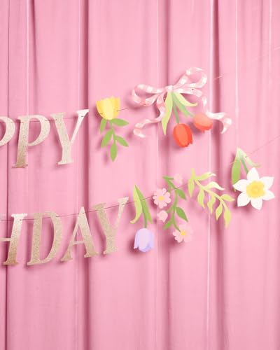 Floral Happy Birthday Banner | Garden Party Decor with Gold Glitter