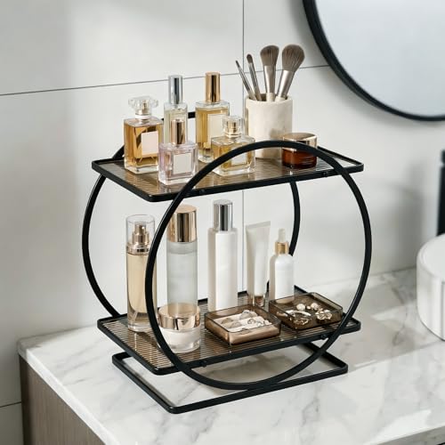 2-Tier Metal Bathroom Organizer, Countertop Makeup & Perfume Shelf, Black