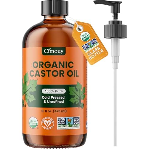 USDA Organic Castor Oil Glass Bottle 16oz, Hexane Free, Vegan, EWG Verified 100% Pure Castor Oil Organic Cold Pressed for Hair Growth | Face Skin | Eyelashes Brows | Body Massage Castor Oil Pack Wrap