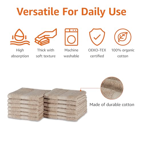Amazon Basics 12-Pack 100% Cotton Washcloths, 12x12, Taupe
