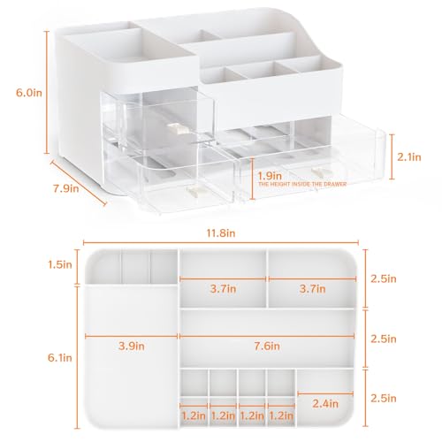 SuoXing Large White Makeup Organizer with 3 Drawers & Top Compartments