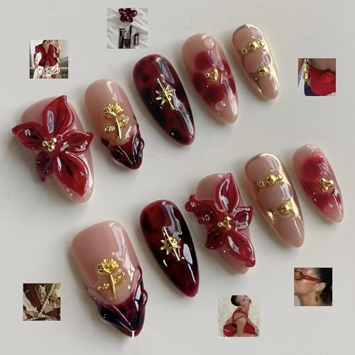 Luxury Medium Almond Press-on Nails - Handmade Red Floral Acrylic Set