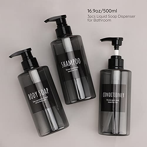 Segbeauty Gray Refillable Shampoo Bottles Set 16.9oz - 3 Pack, Leak-Proof PET Dispenser with Labels for Bathroom & Travel