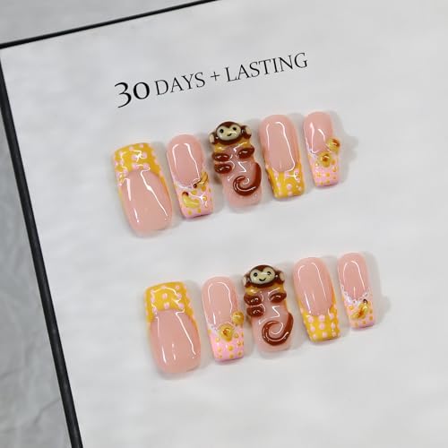 MAGLFELL Cartoon Monkey Design Press On Nails - Medium Square Acrylic Fake Nails (Size S, 10 Pcs)