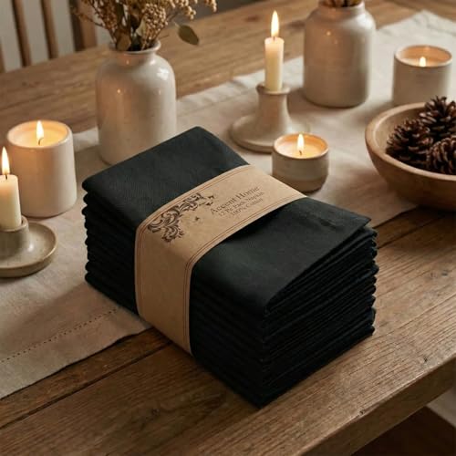 Elegant Black Cotton Herringbone Cloth Napkins - Set of 6
