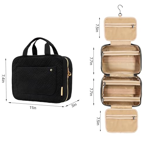 Carrywell Medium Black Toiletry Bag with Hanging Hook - Water-Resistant Makeup Organizer