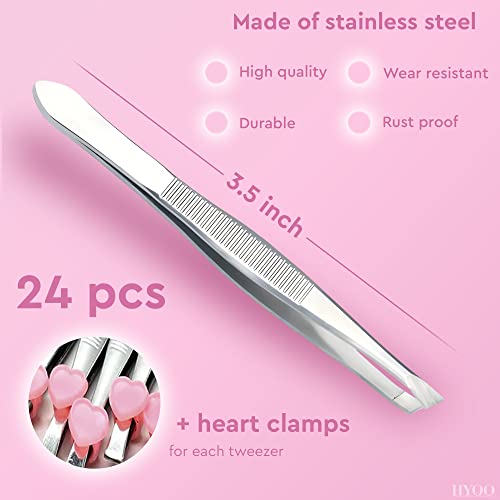 24 Pcs Mini Tweezers Bulk Pack - Stainless Steel Small Tweezers First Aid with Slanted Tips & Heart Clamps, 3.5 Inch Compact Size - Tweezer Kit for Eyebrows, Splinters, First Aid, Crafts & Home Use