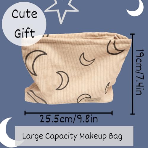 Beige Corduroy Moon Makeup Bag - Cute Boho Pouch for Teens