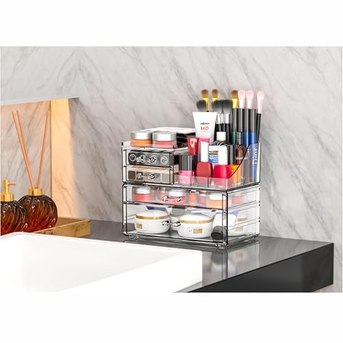 Cq Acrylic 4-Drawer Makeup Organizer Set of 2, Clear Cosmetic Storage for Vanity & Bathroom