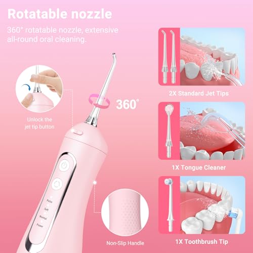JNGOODS Cordless Water Flosser Oral Irrigator 300ml Pink, Rechargeable, 4 Modes Waterproof