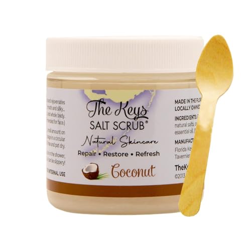 The Keys Salt Scrub Coconut - Organic Sea Salt Exfoliator with Wooden Spoon, 3.4 oz