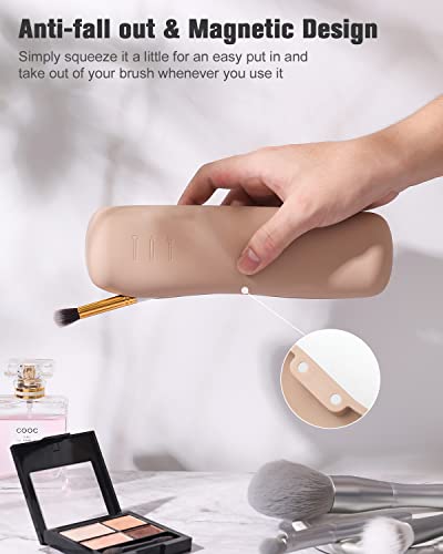 FERYES Large Travel Makeup Brush Holder Khaki - Magnetic Silicone Organizer for Face Brushes