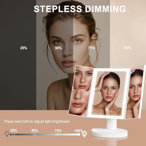 S'bagno White 11.3" x 6.8" LED Makeup Mirror with Lights, 1X/2X/5X Magnification, Dimmable 3-Color Modes, 270° Rotation