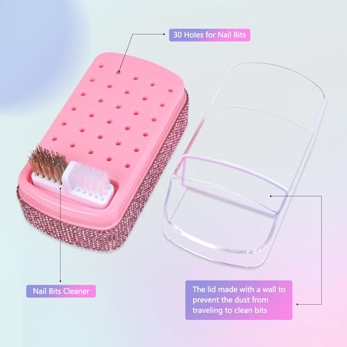 Pink 2-in-1 Nail Drill Bits Holder Case with Rhinestones and Cleaning Brush