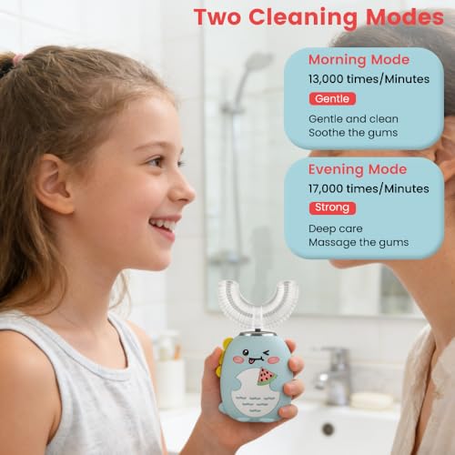 Kids Sonic U-Shaped Electric Toothbrush with 3 Modes & Cartoon Dinosaur, Waterproof, Toddler Safe, Green