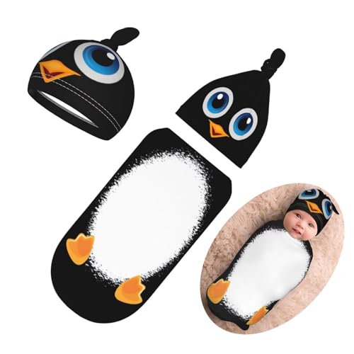 Funny Cartoon Swaddle Blanket and Beanie Hat Set for Newborns