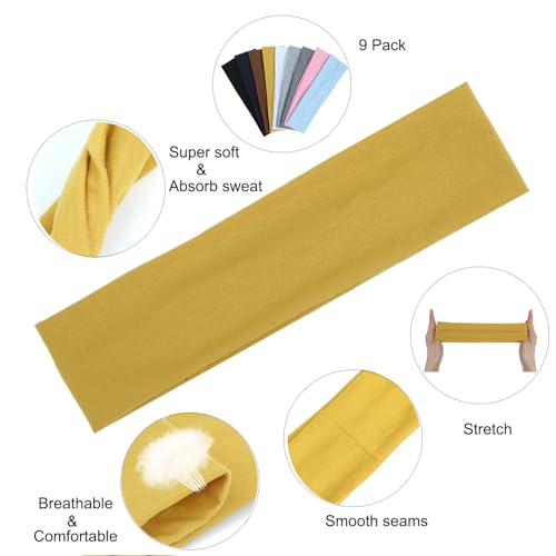 9-Pack Non-Slip Cotton Headbands for Women - Soft & Stretchy Athletic Hair Bands