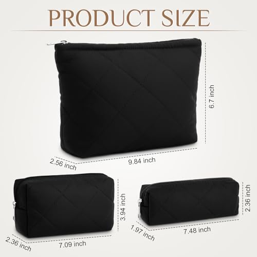 Paterr 3-Piece Black Quilted Cotton Makeup Bag Set - Foldable & Washable Cosmetic Pouches