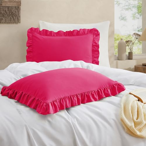 Hot Pink Ruffled Pillow Cases Set of 2 | Soft Microfiber Shams 20"x26"
