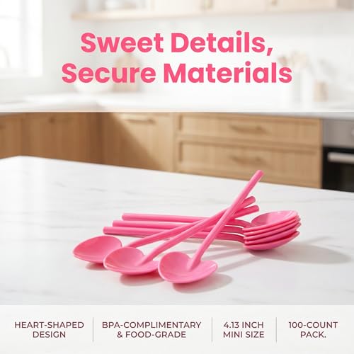 KALLORY 100PCS Heart-Shaped Pink Disposable Dessert Spoons