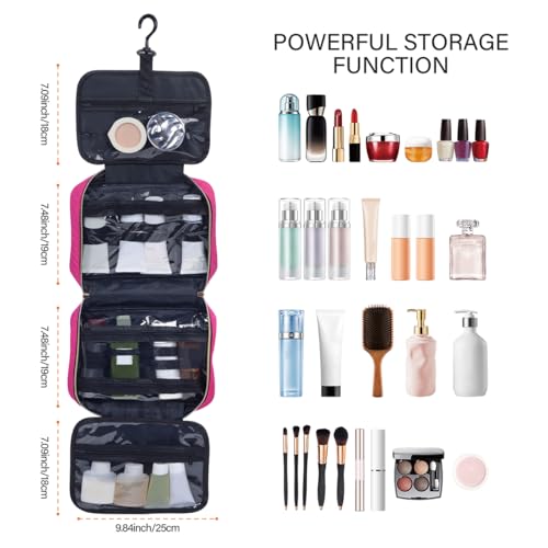 LANDFOBO Hanging Toiletry Bag for Travel, 4-Compartment Organizer, Rose Red
