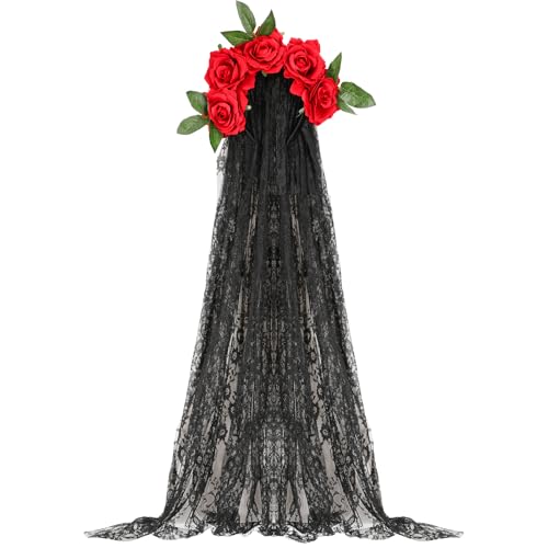 Day of the Dead Rose Flower Crown Headband with Long Veil for Halloween