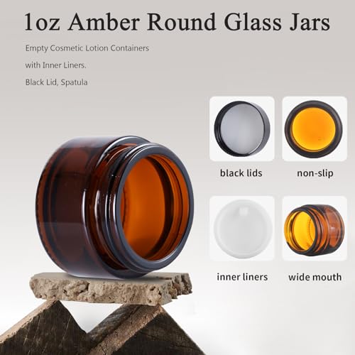 1oz Amber Glass Jar with Black Lid & Spatula - Empty Cosmetic Container