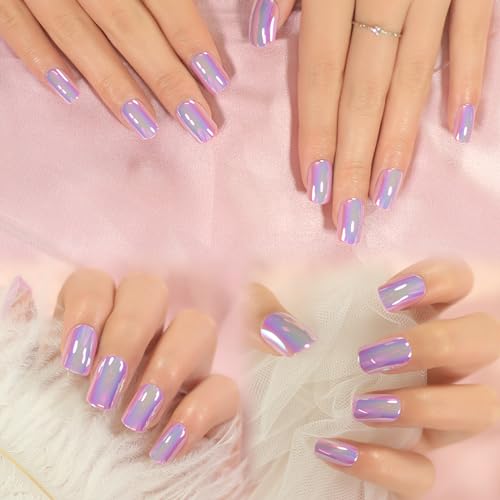 Purple Metallic Mirror Press On Nails - 24 Pcs Reusable False Nails