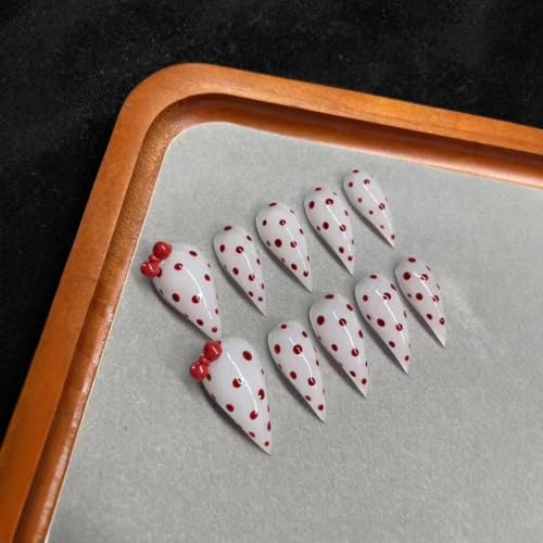Handmade Press on Nails M - Red Polka Dot & Bow Stiletto Acrylic