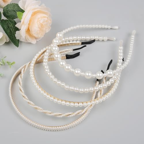 Pearl Headbands for Women 5-Pack Bridal Hair Accessories Non Slip Elegant Hairbands