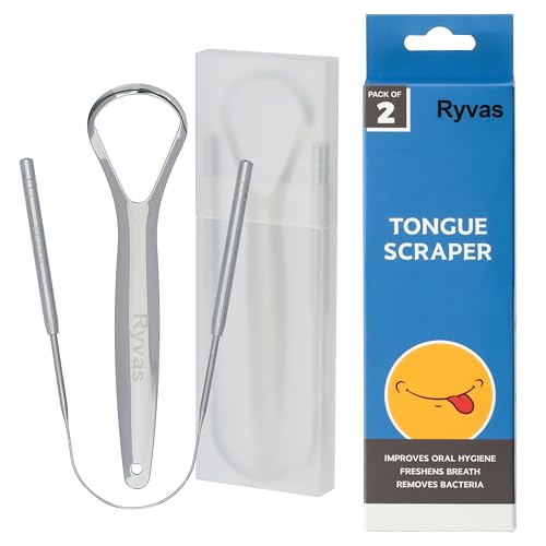 Ryvas Stainless Steel Tongue Scraper 2-Pack with Travel Case - Dual-Edge Oral Hygiene Tool