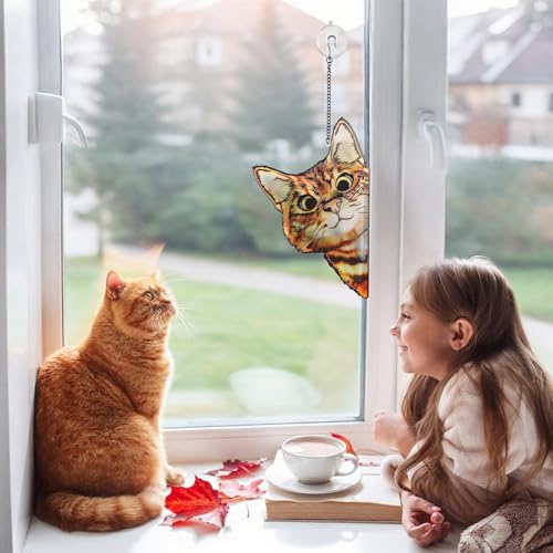 Stained Glass Window Hanging - Funny Peeking Cat Decor