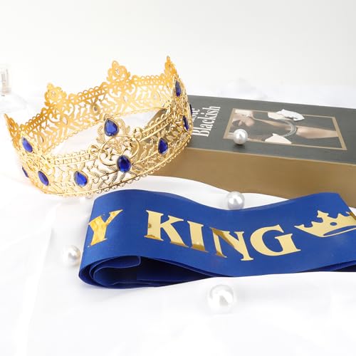 Gold-Blue Birthday King Crown Headband Accessories Set