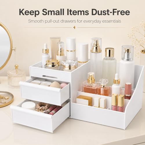 White Makeup Organizer with 2 Drawers & 7 Compartments for Cosmetics & Skincare