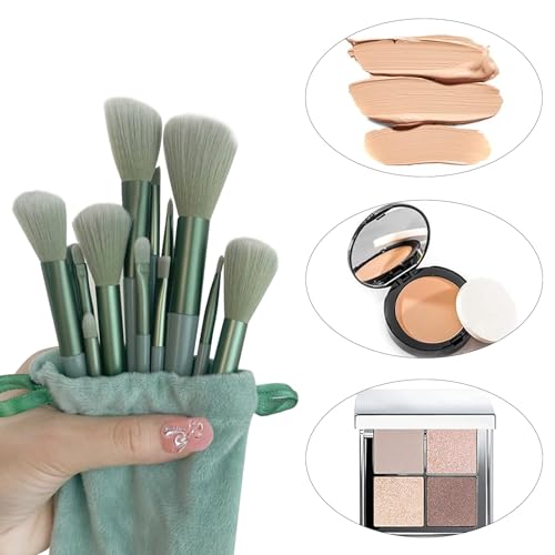 SruidyLady Green Makeup Brush Set 13 Pcs - Synthetic Face & Eye Brushes