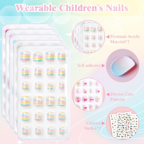 CUXFLS Style 6 Kids Press-On Nails Set - 120 Colorful Glitter Fake Nail Tips with Pre-Glue for Children