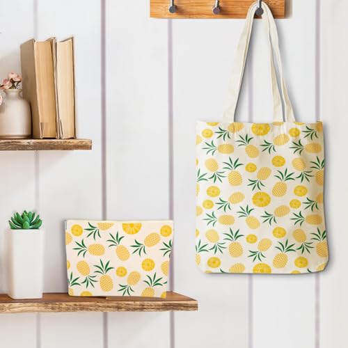 Cute Pineapple Canvas Tote Bag & Makeup Bag Set for Travel