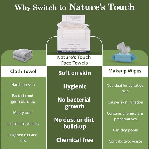 Nature’s Touch Biodegradable Face Towels - Ultra Soft, Vegan, 50 Count, Travel & Skincare