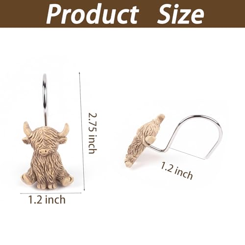 Highland Cow Shower Curtain Hooks - 12 Pack Rustic Bathroom Rings