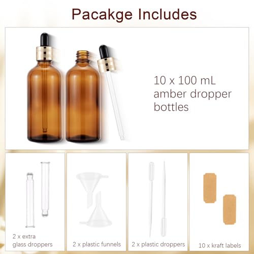 10-Pack 100ml Amber Glass Dropper Bottles with Golden Caps and Accessories