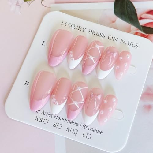 Haozerart Handmade Press On Nails - Medium Almond Pink French Tips