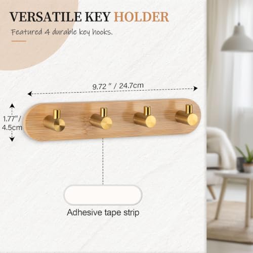 Nekon Bamboo Key Holder with Gold Hooks - Self-Adhesive Wall Organizer