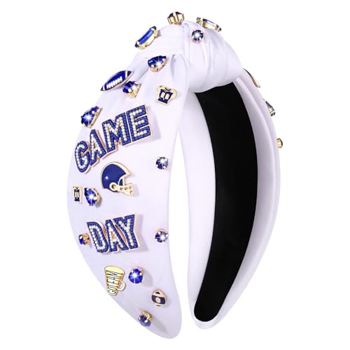 CEALXHENY White Blue Football Headband for Women Game Day Beaded Rhinestones