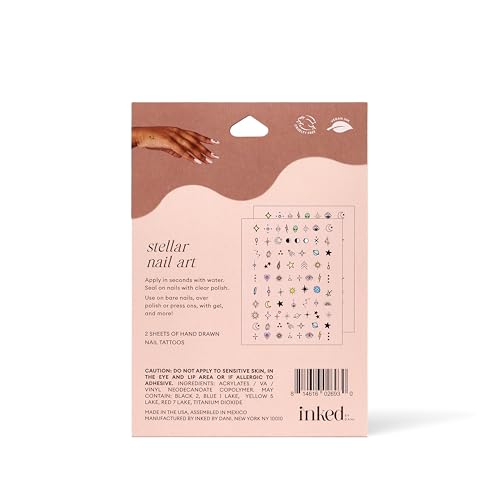 INKED by Dani Stellar Water Transfer Nail Art Tattoos - Stars & Planets, Vegan & Waterproof, Easy to Apply, Long-lasting